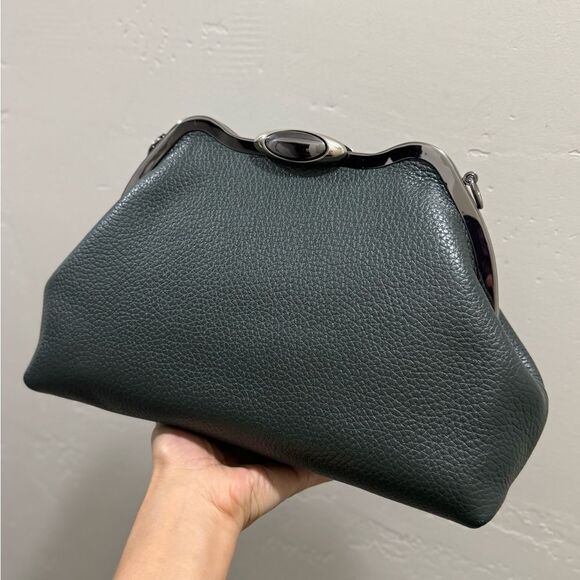 Dark Green Premium Togo Calfskin Handmade Custom Metal Frame Handbag & 2 Straps - Picture 10 of 16